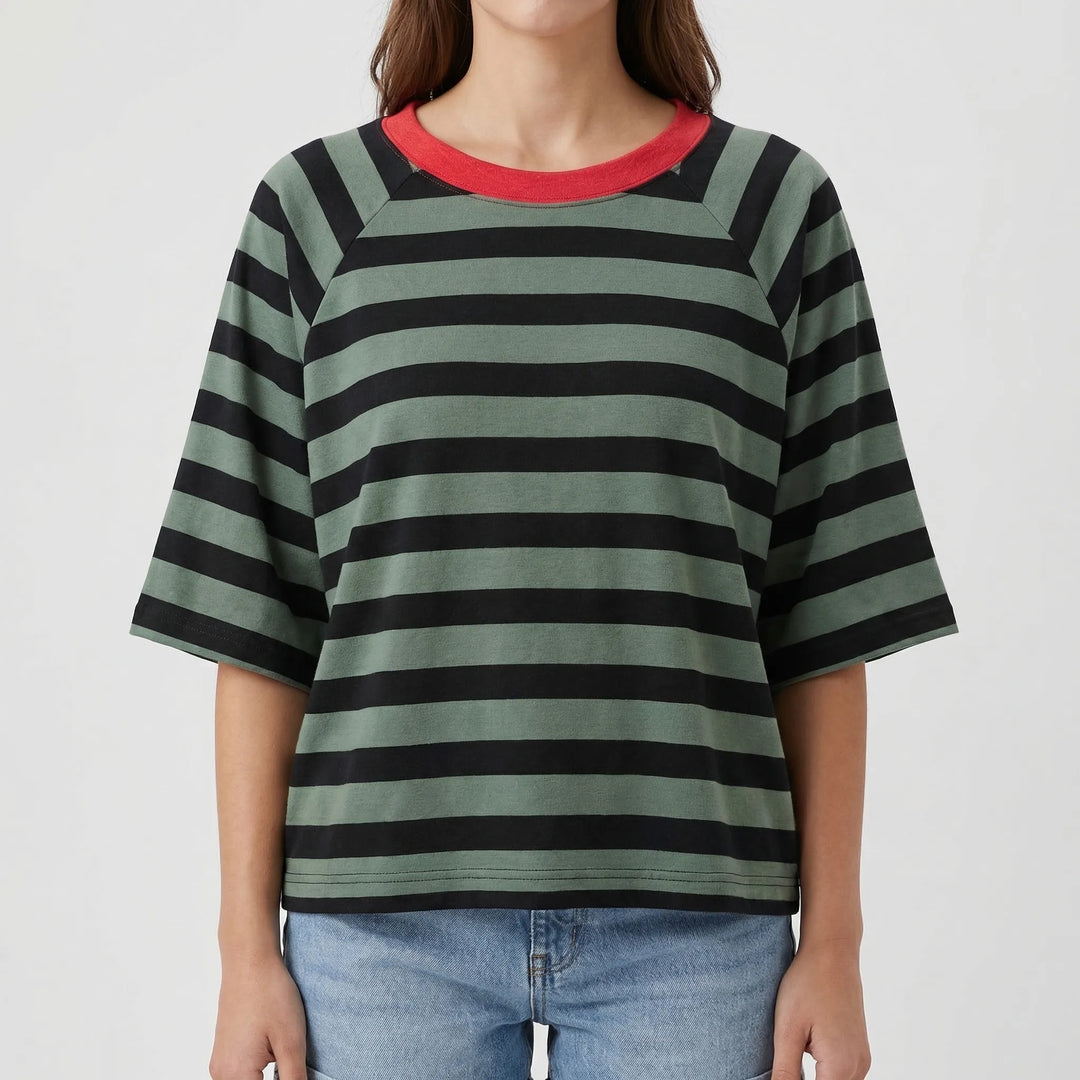 Stripova - Striped Color Block Crewneck Top