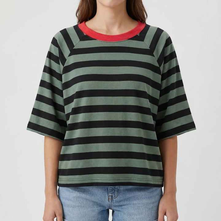 Stripova - Striped Color Block Crewneck Top