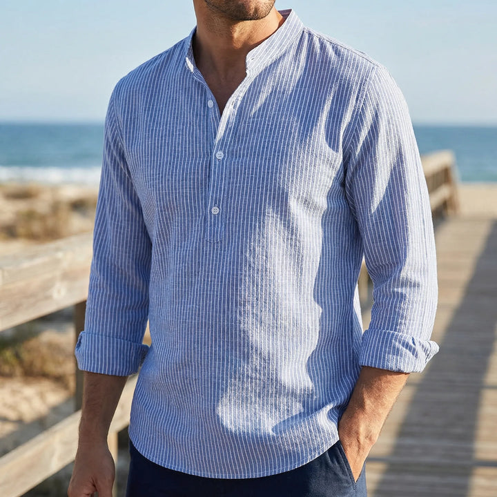Strivelo - Striped Band Collar Henley Shirt