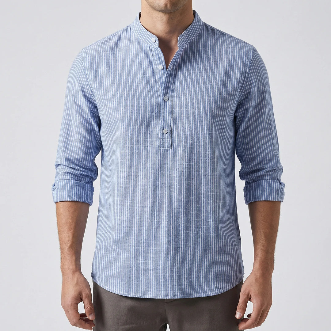 Strivelo - Striped Band Collar Henley Shirt