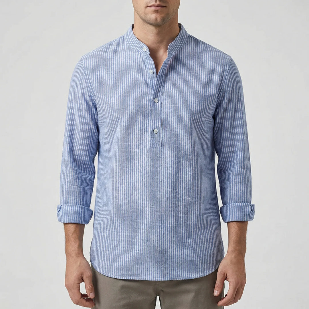 Strivelo - Striped Band Collar Henley Shirt