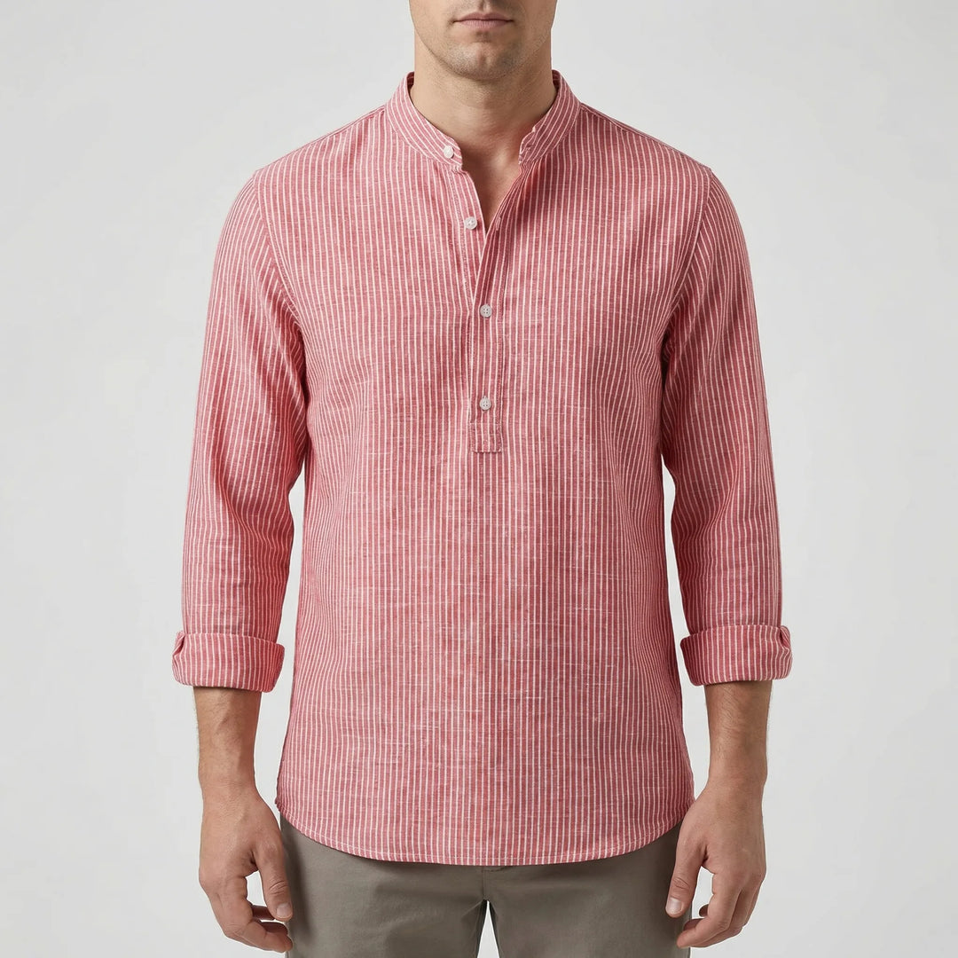 Strivelo - Striped Band Collar Henley Shirt