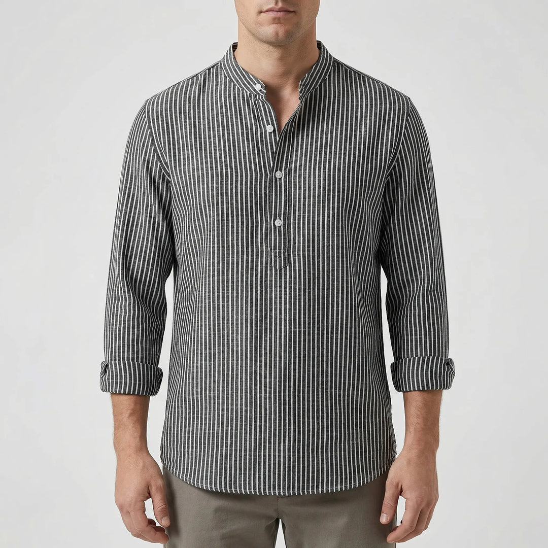 Strivelo - Striped Band Collar Henley Shirt