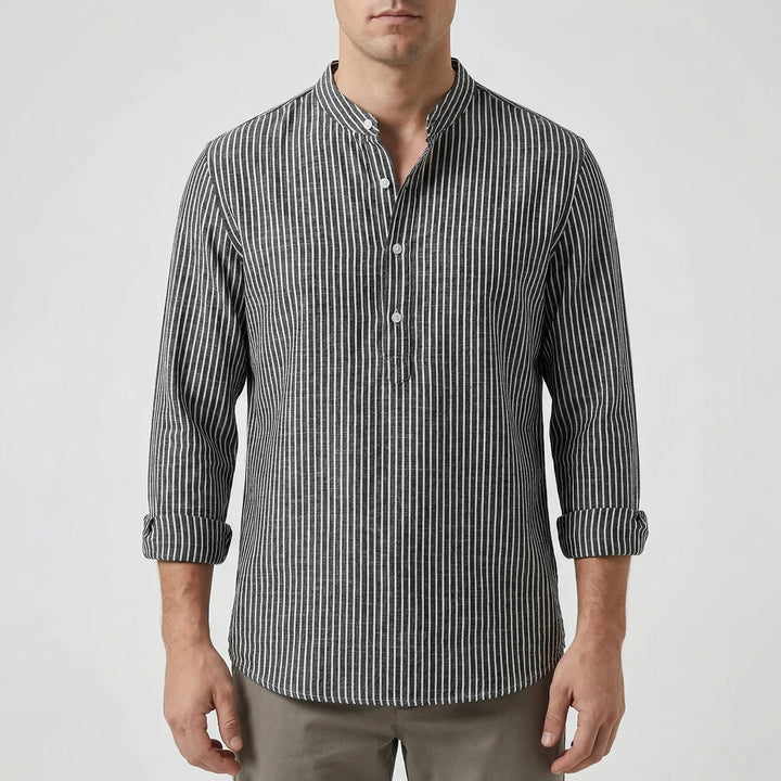 Strivelo - Striped Band Collar Henley Shirt