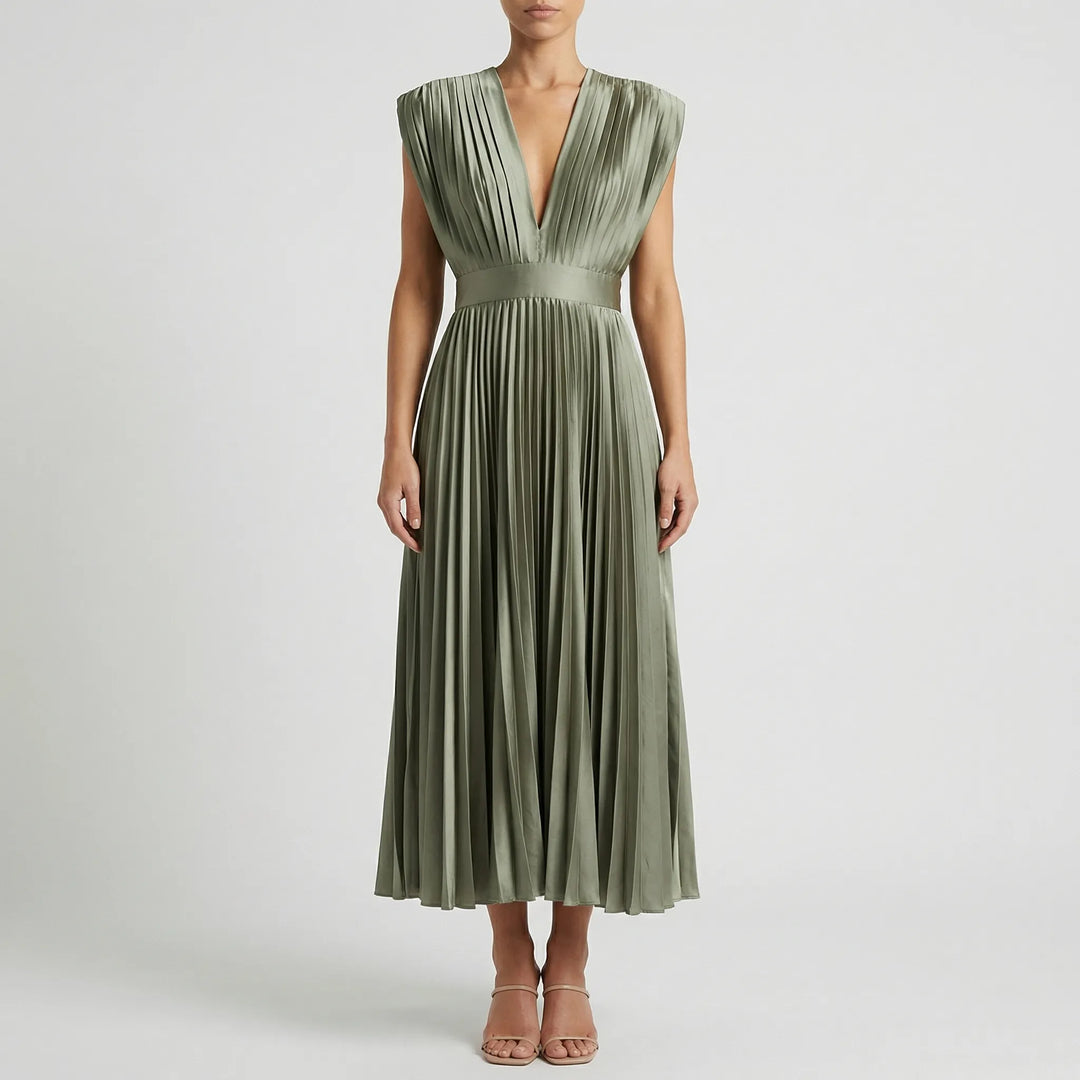 Sylvenne - Sleeveless V-Neck Pleated Midi Dress