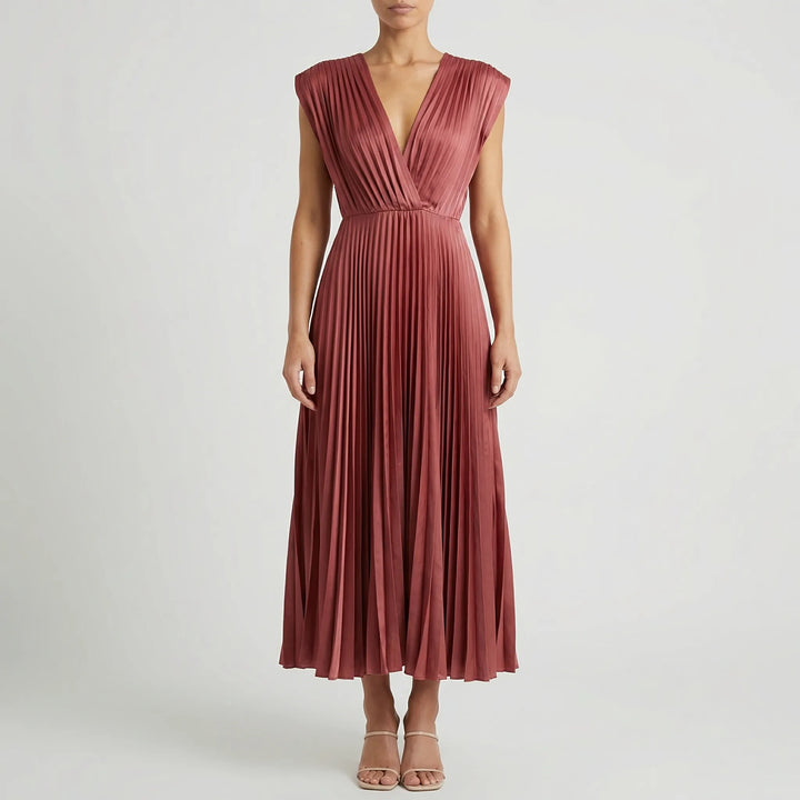 Sylvenne - Sleeveless V-Neck Pleated Midi Dress