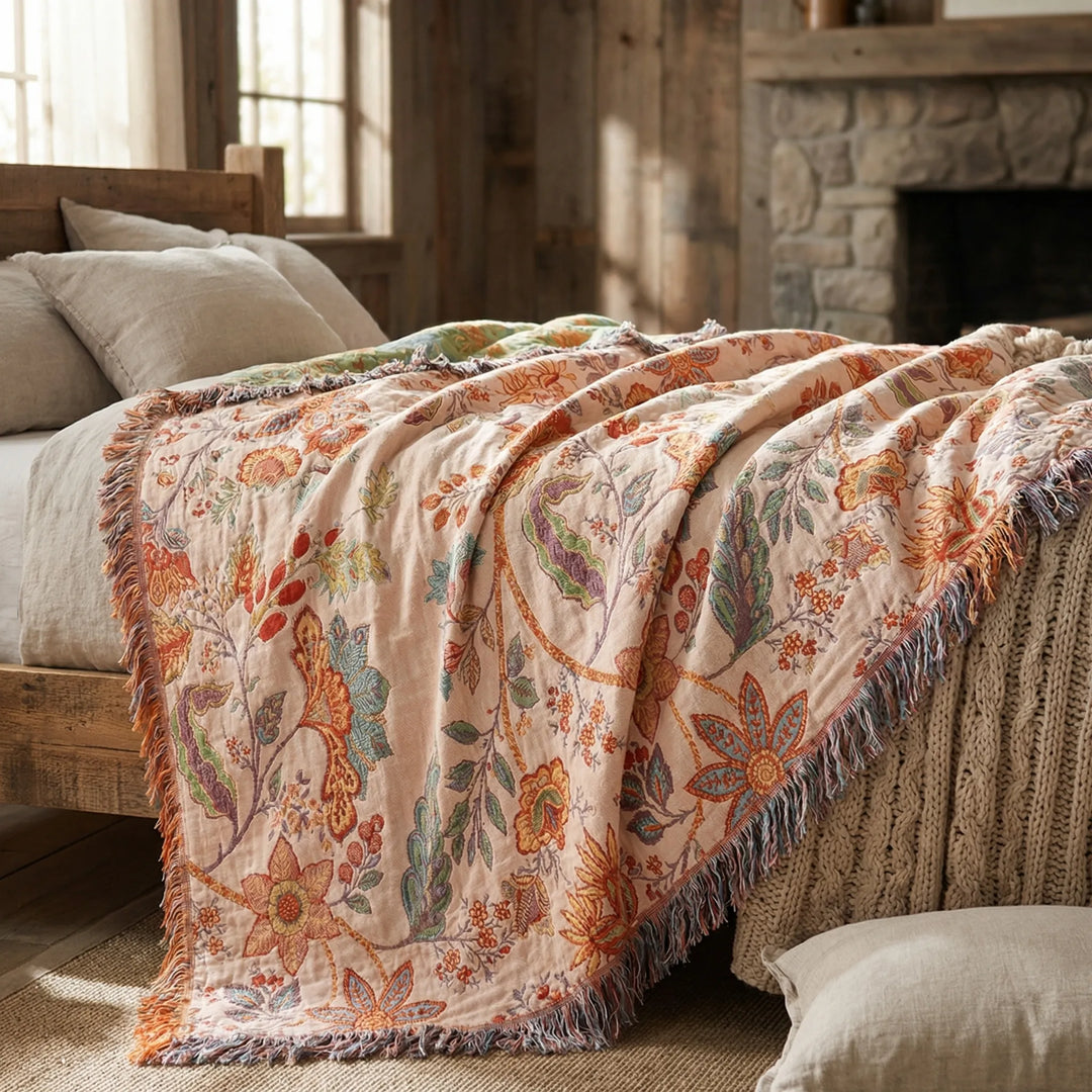 Tassoria - Rustic Floral Tassel Throw Blanket