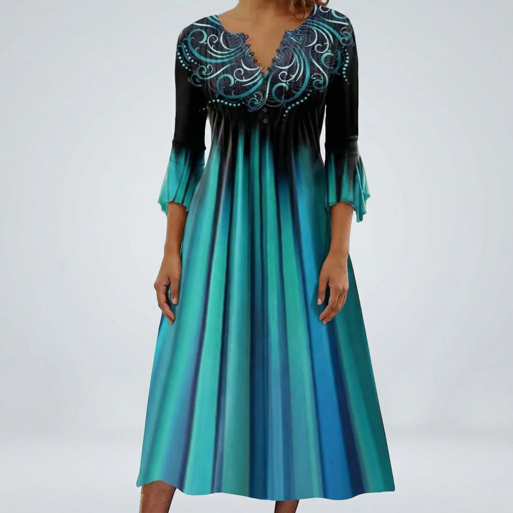 Tealvex - Ombre Gradient Midi Dress With Flared Sleeves