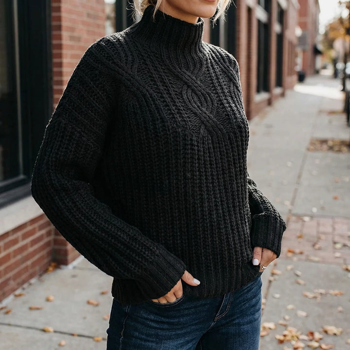 Texturra - Cable-Knit Mock Neck Pullover Sweater