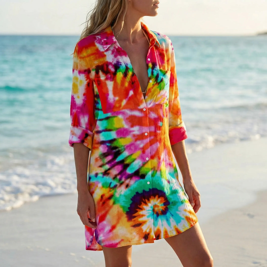 Tidalora - Tie-Dye Print Button-Down Shirt Dress