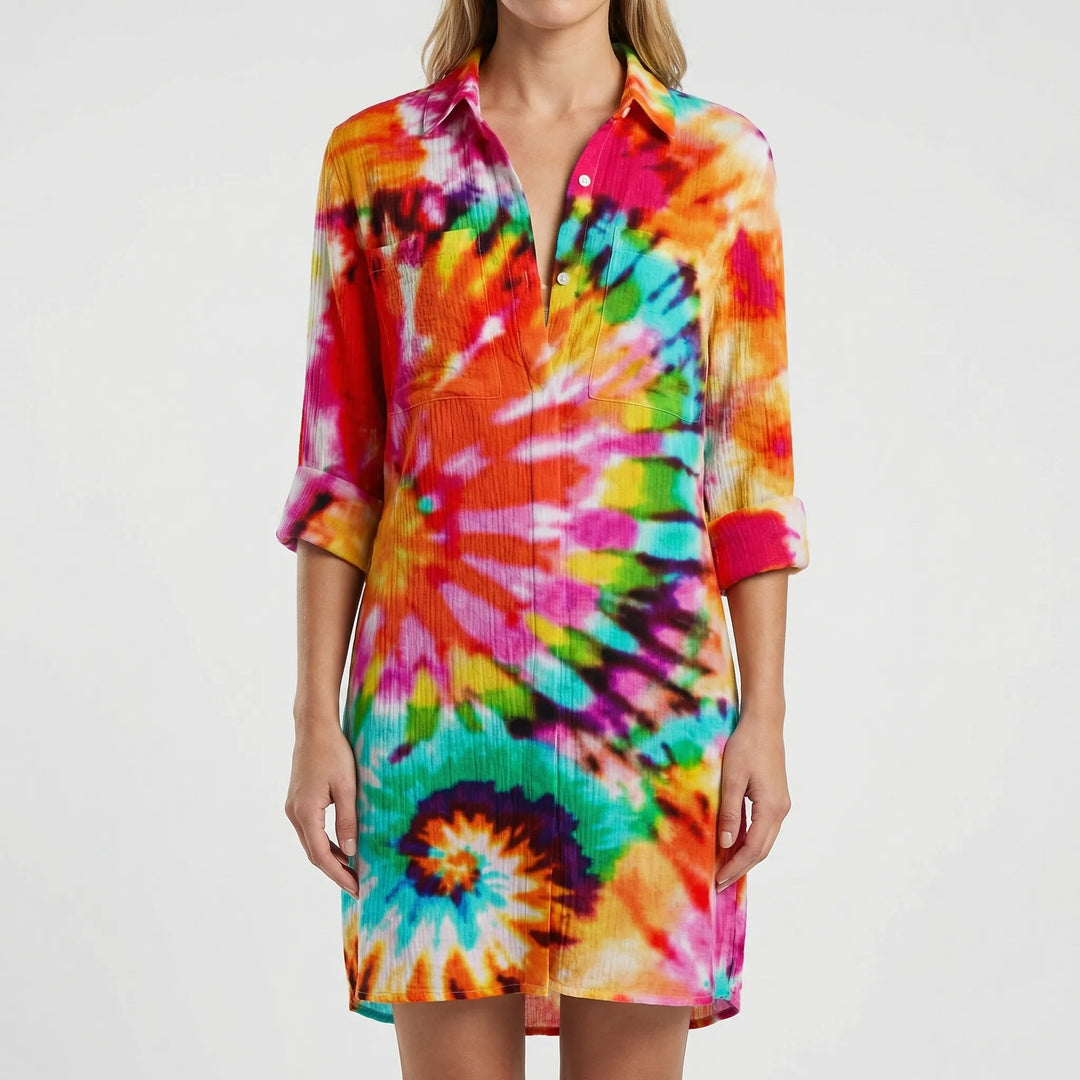 Tidalora - Tie-Dye Print Button-Down Shirt Dress