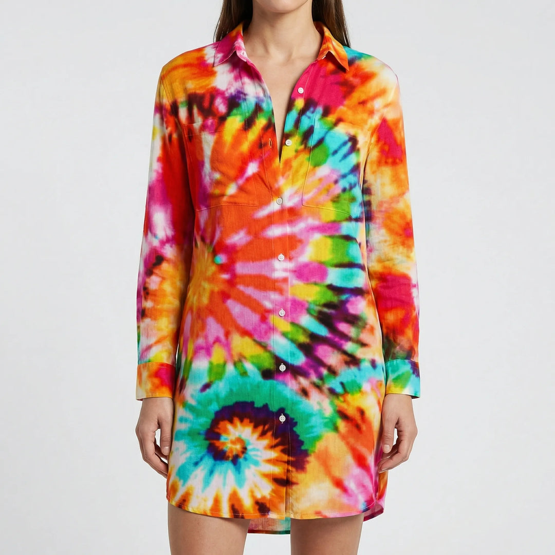 Tidalora - Tie-Dye Print Button-Down Shirt Dress