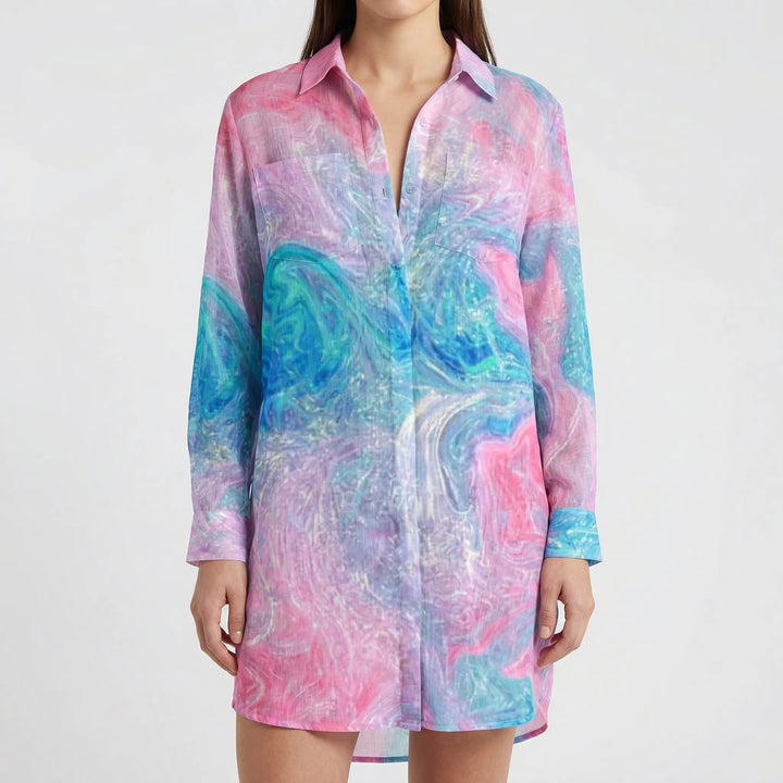 Tidalora - Tie-Dye Print Button-Down Shirt Dress