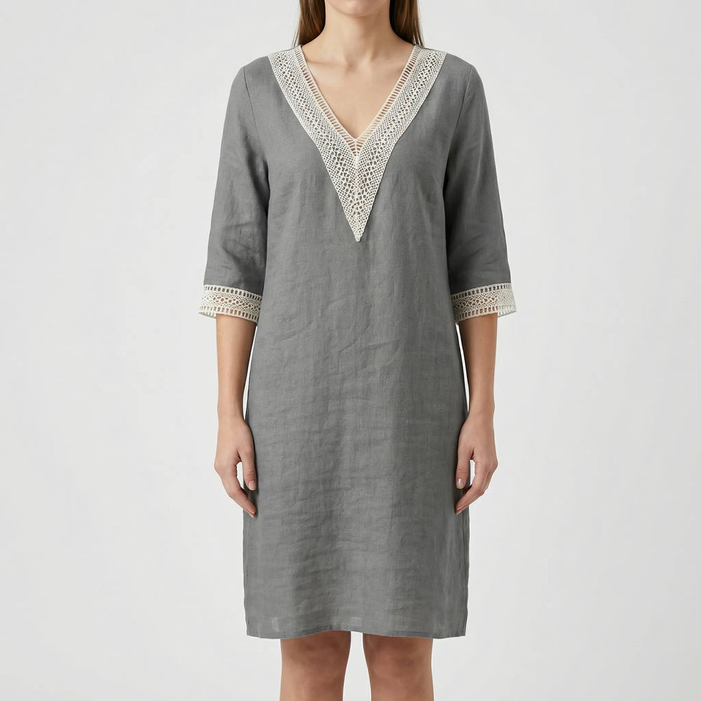 Trellise - V-Neck Lace Trim Knee-Length Dress