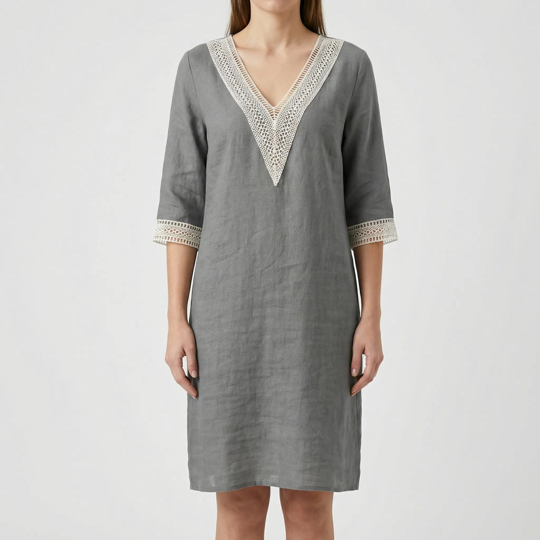 Trellise - V-Neck Lace Trim Knee-Length Dress