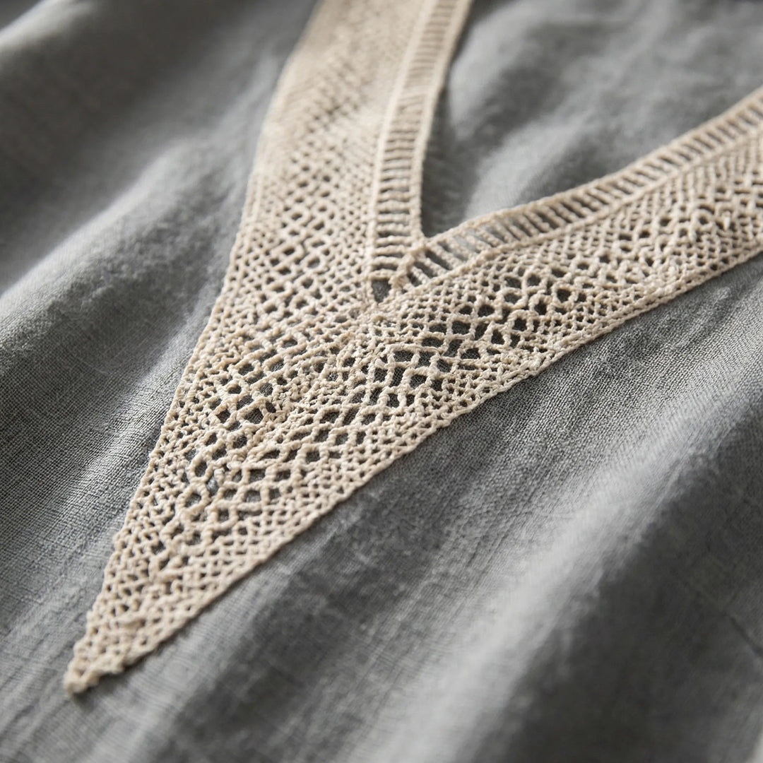 Trellise - V-Neck Lace Trim Knee-Length Dress