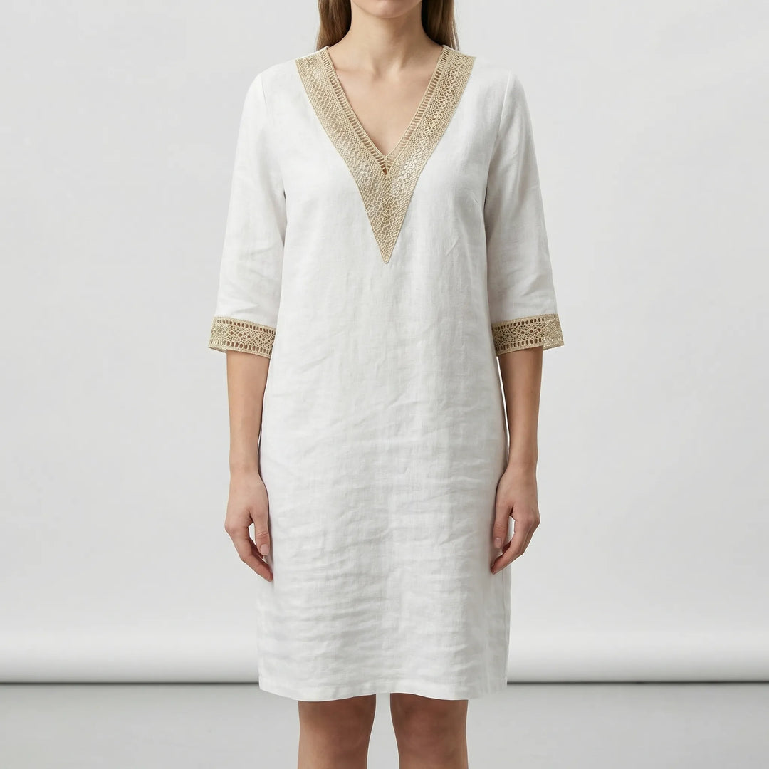 Trellise - V-Neck Lace Trim Knee-Length Dress
