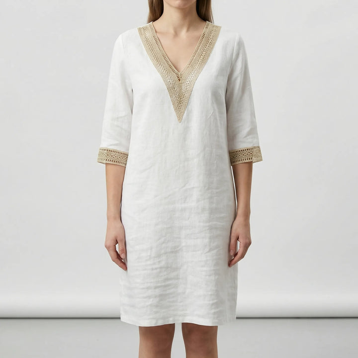 Trellise - V-Neck Lace Trim Knee-Length Dress