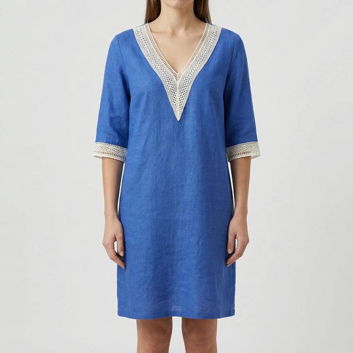 Trellise - V-Neck Lace Trim Knee-Length Dress