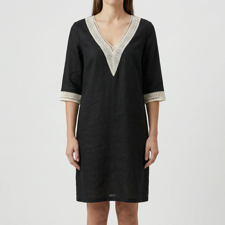 Trellise - V-Neck Lace Trim Knee-Length Dress