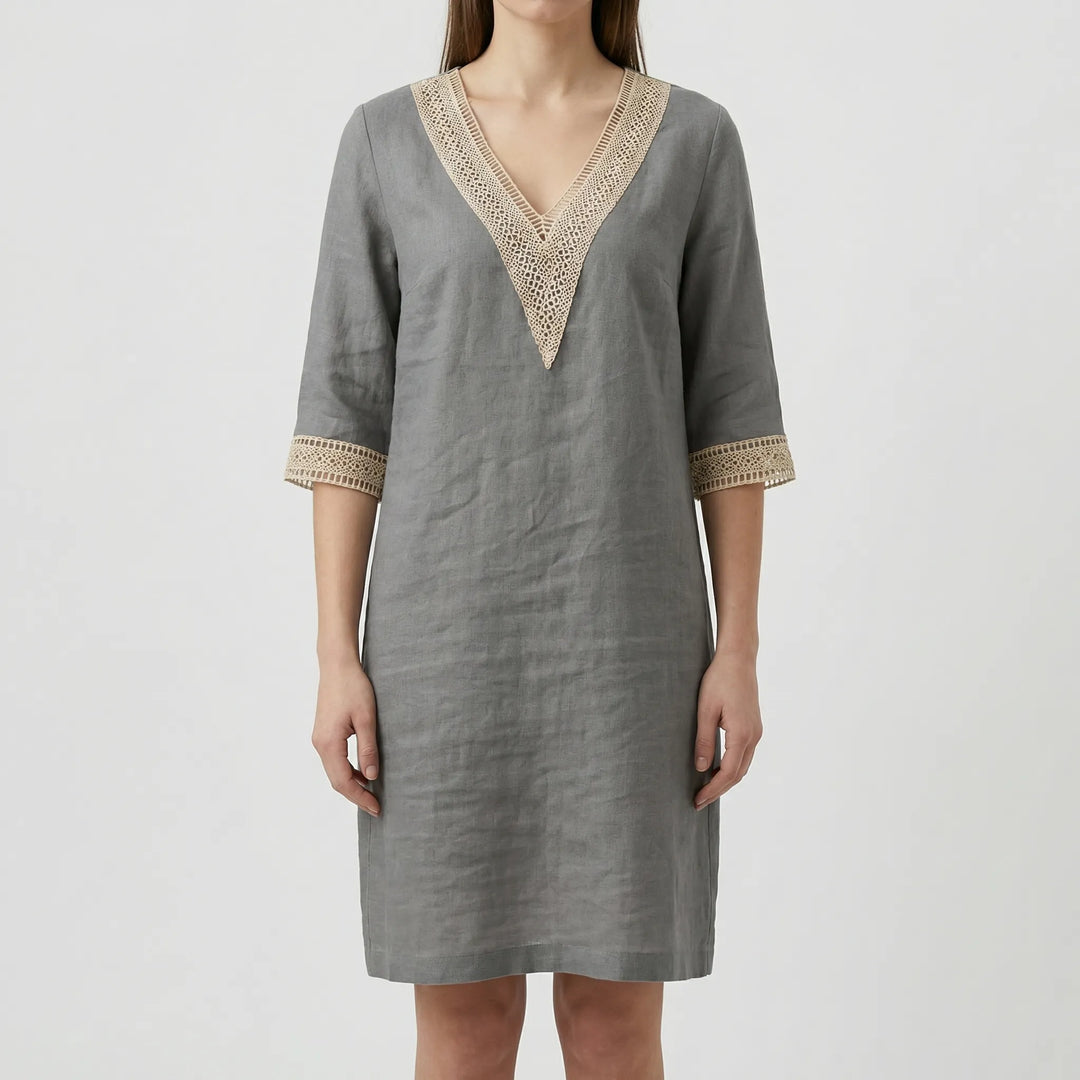 Trellise - V-Neck Lace Trim Knee-Length Dress