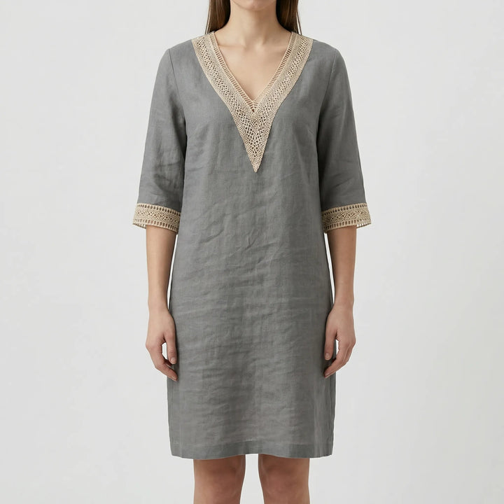 Trellise - V-Neck Lace Trim Knee-Length Dress