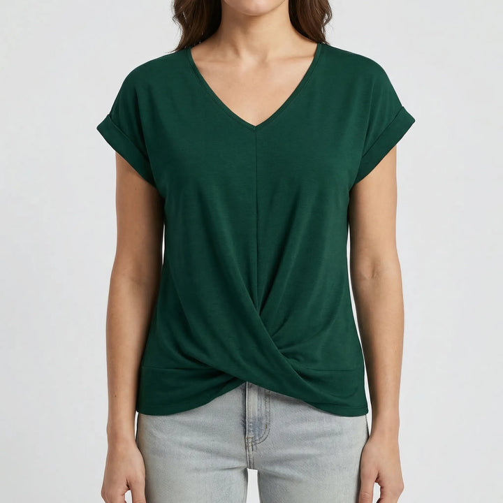 Twixelle - V-Neck Twisted Hem Short Sleeve Tee