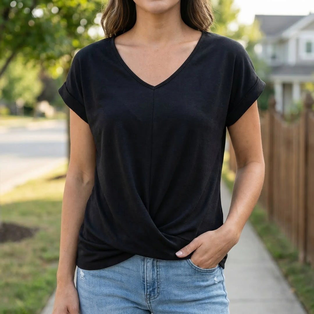 Twixelle - V-Neck Twisted Hem Short Sleeve Tee