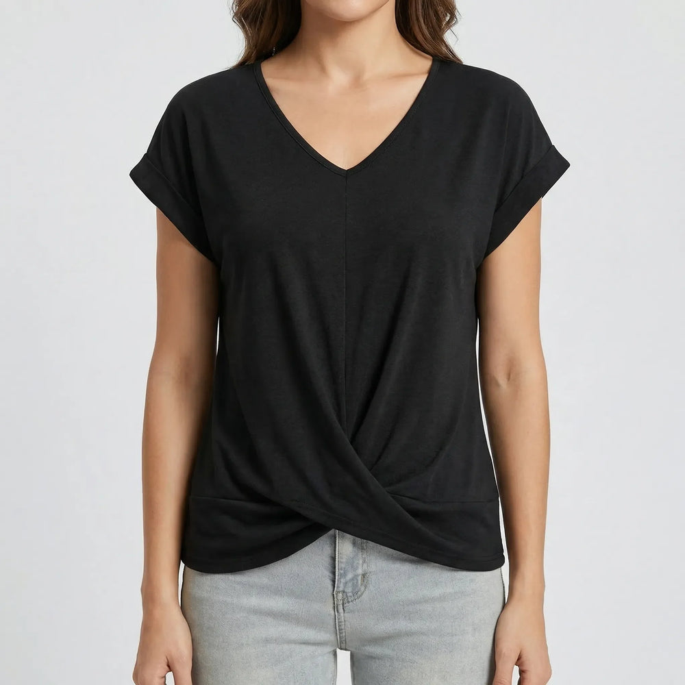 Twixelle - V-Neck Twisted Hem Short Sleeve Tee