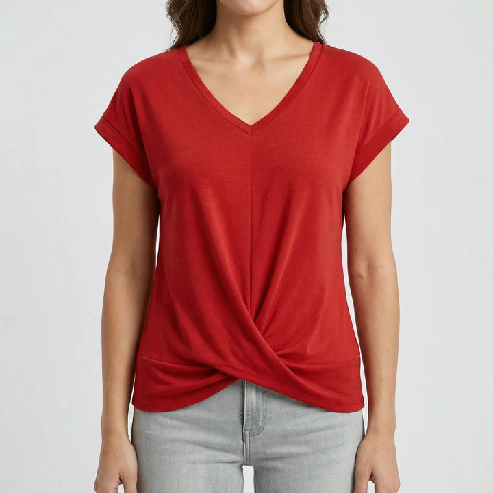 Twixelle - V-Neck Twisted Hem Short Sleeve Tee