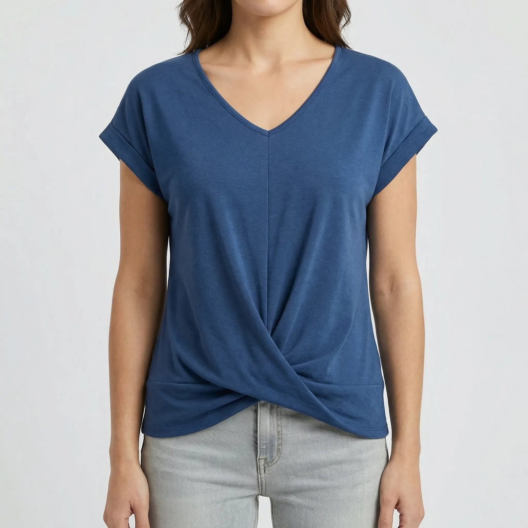 Twixelle - V-Neck Twisted Hem Short Sleeve Tee