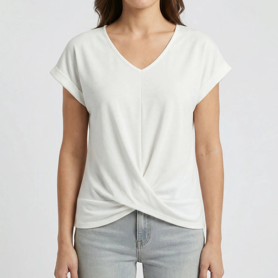 Twixelle - V-Neck Twisted Hem Short Sleeve Tee