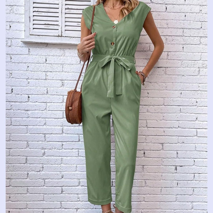 V-Hals Kort Ärmad Jumpsuit för Kvinnor