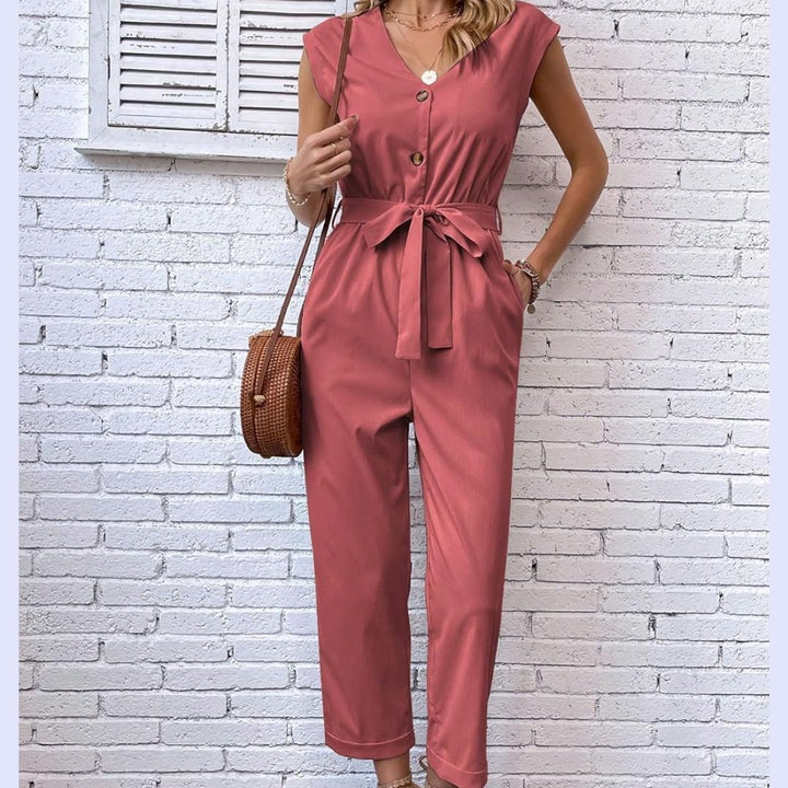 V-Hals Kort Ärmad Jumpsuit för Kvinnor