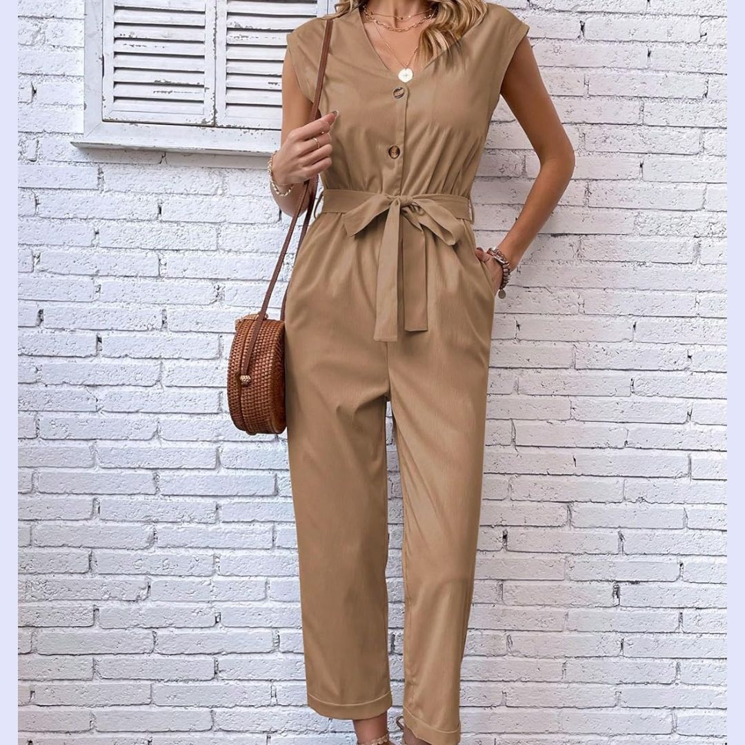 V-Hals Kort Ärmad Jumpsuit för Kvinnor