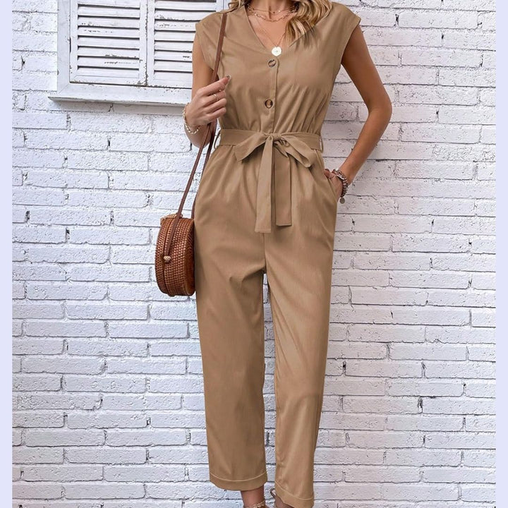V-Hals Kort Ärmad Jumpsuit för Kvinnor