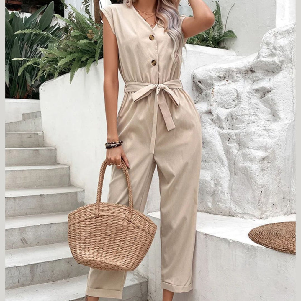 V-Hals Kort Ärmad Jumpsuit för Kvinnor