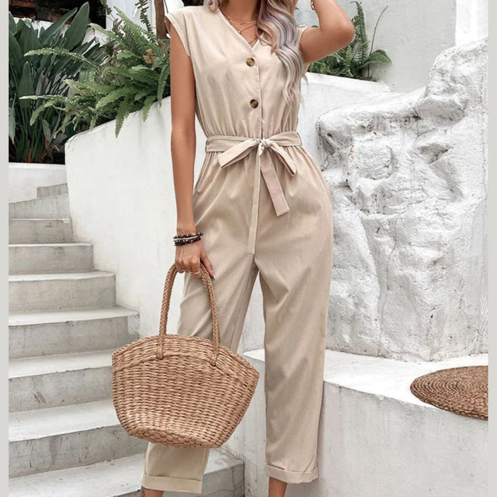 V-Hals Kort Ärmad Jumpsuit för Kvinnor