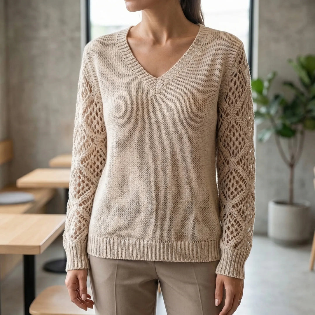 Vellura - V-Neck Openwork Sleeve Knit Sweater
