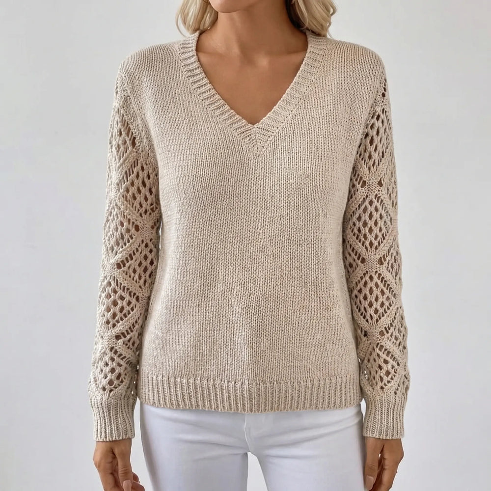 Vellura - V-Neck Openwork Sleeve Knit Sweater