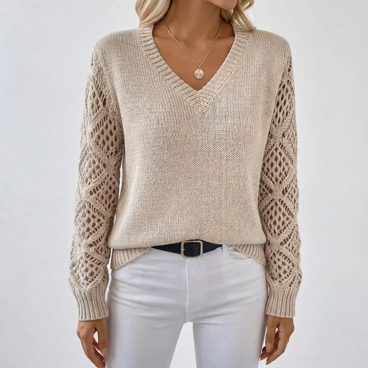 Vellura - V-Neck Openwork Sleeve Knit Sweater