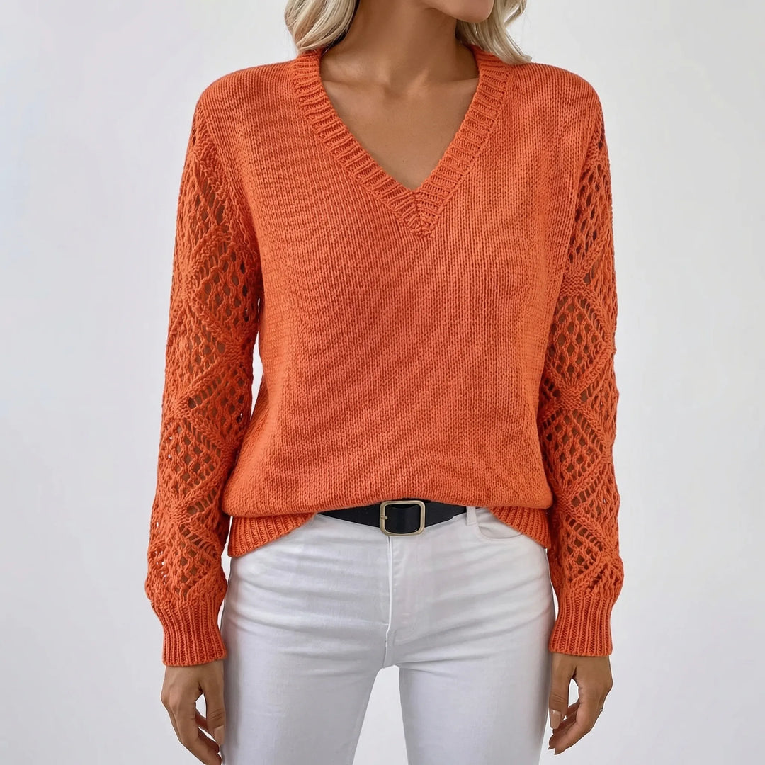 Vellura - V-Neck Openwork Sleeve Knit Sweater