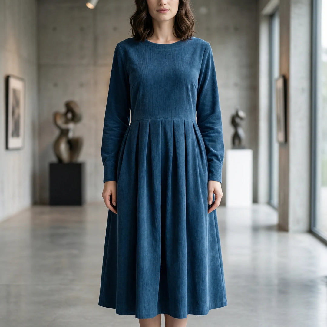 Velourette - Long-Sleeve Pleated Midi Dress