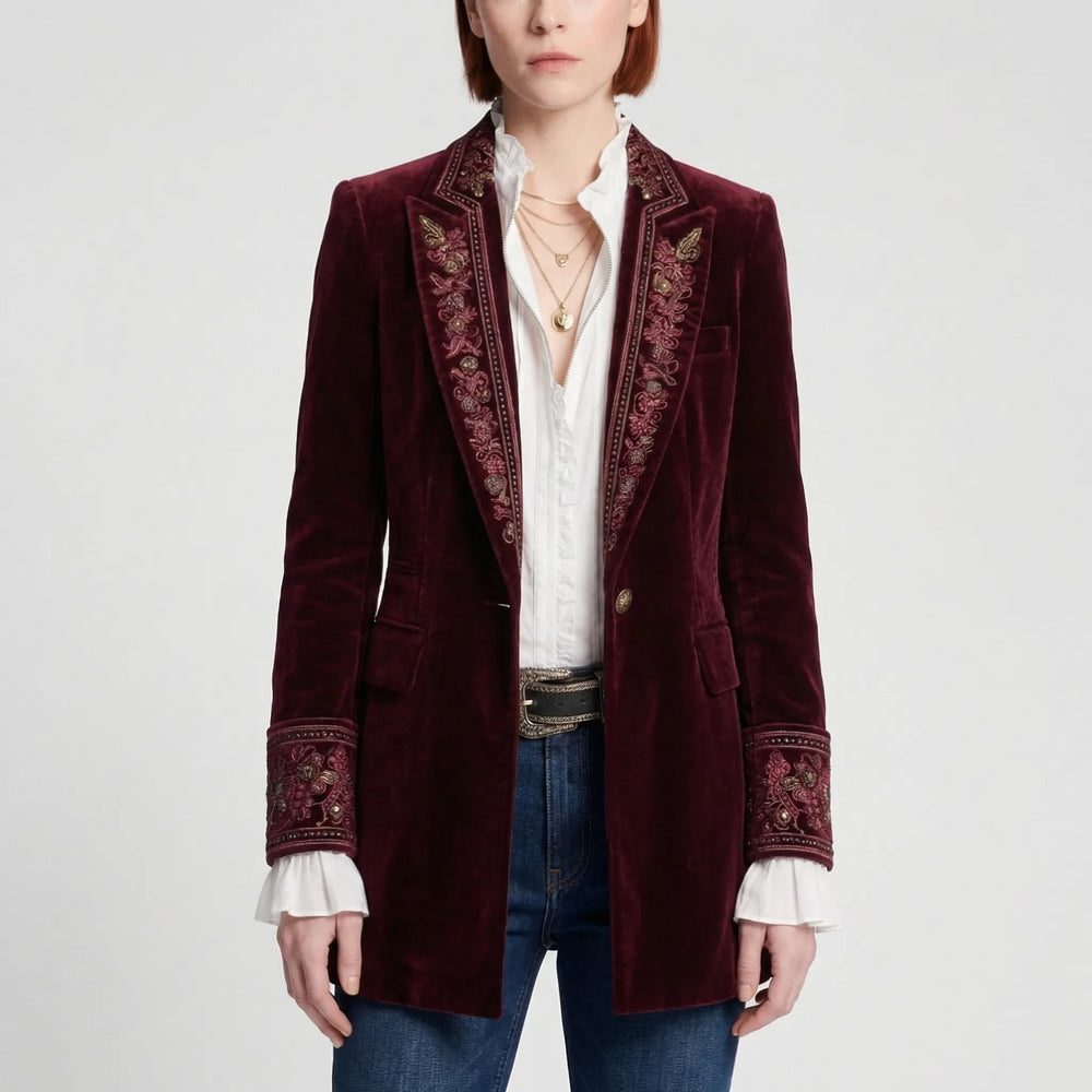 Velourna - Longline Embroidered Blazer Jacket