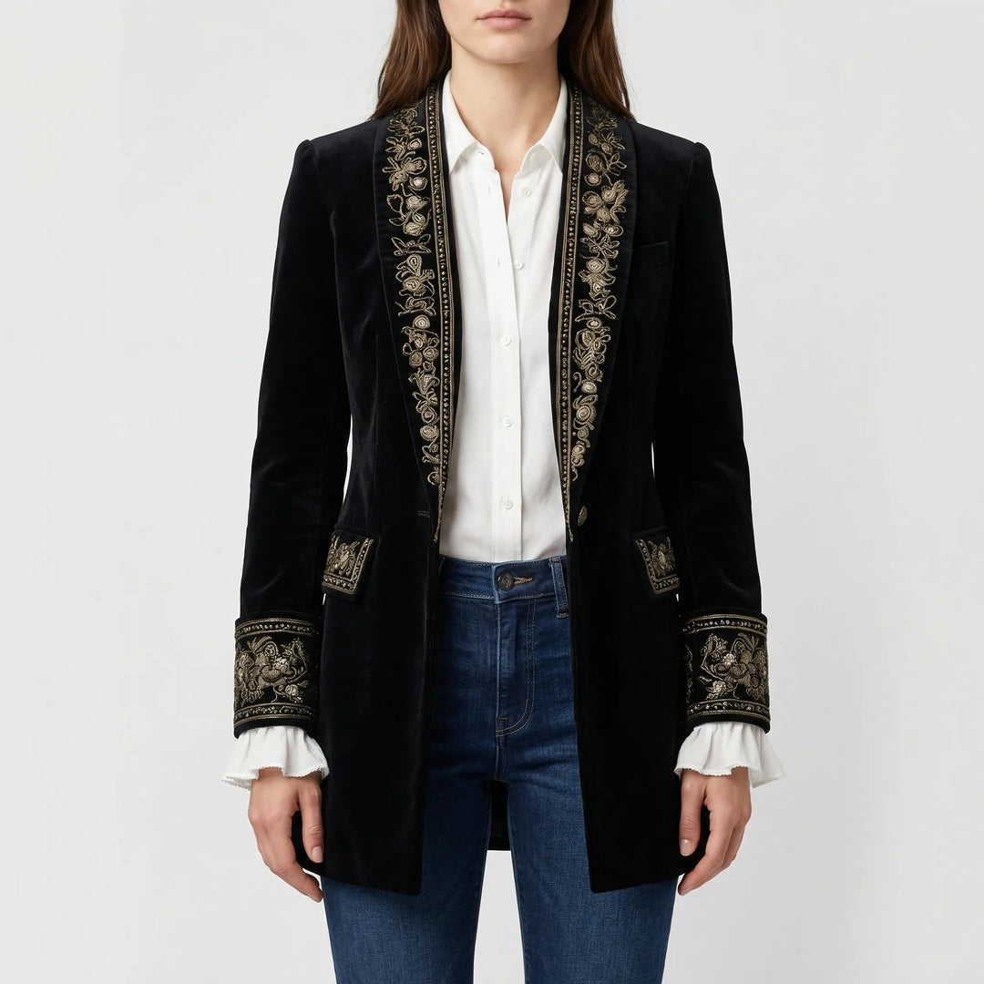 Velourna - Longline Embroidered Blazer Jacket