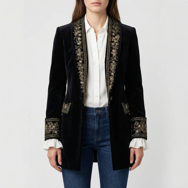 Velourna - Longline Embroidered Blazer Jacket