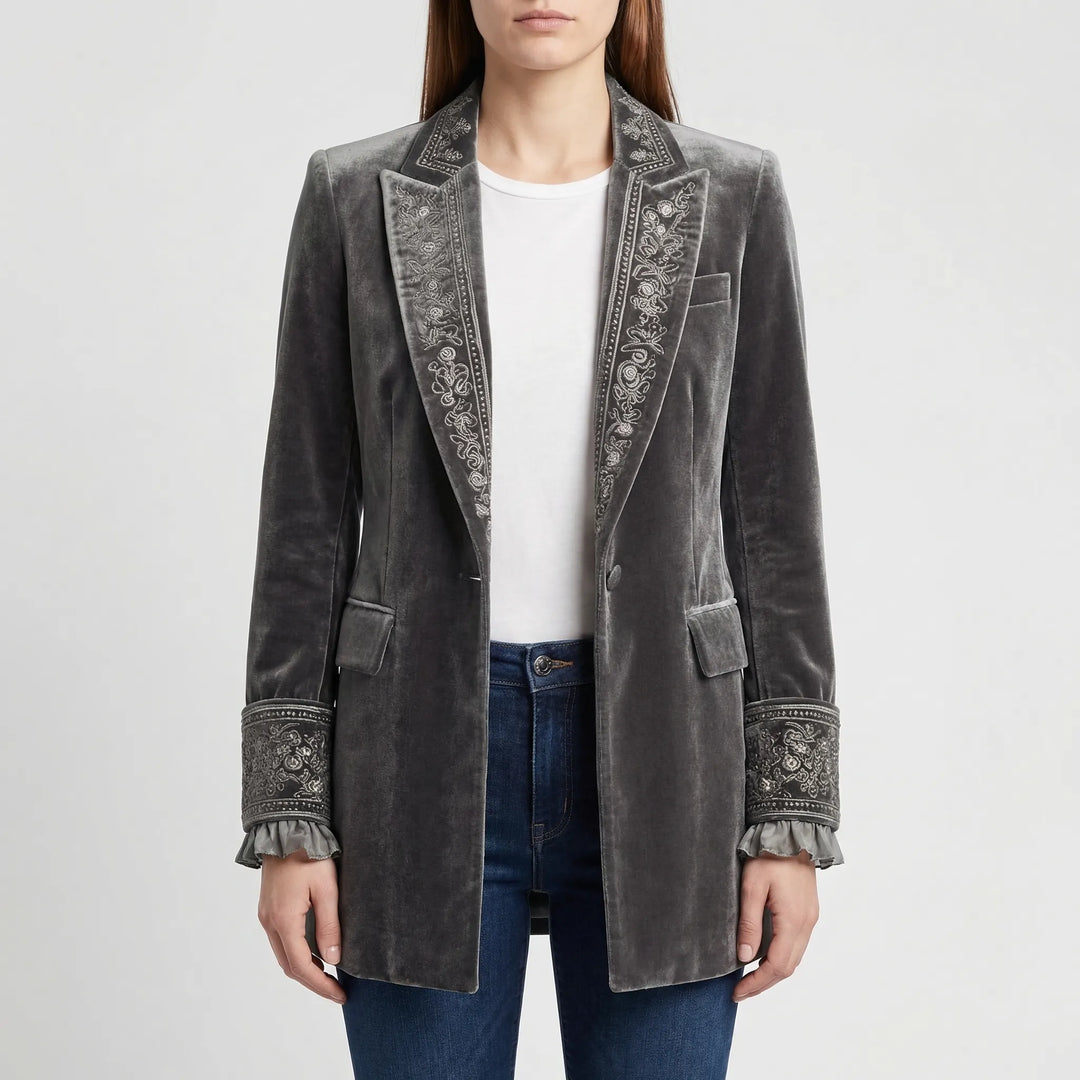 Velourna - Longline Embroidered Blazer Jacket