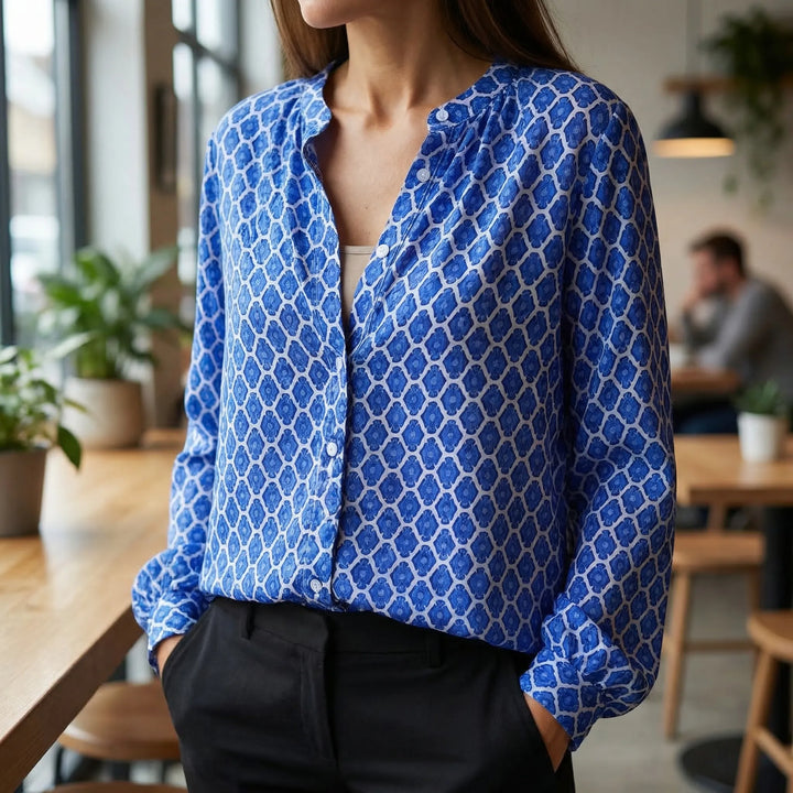 Velvara - Long Sleeve V-Neck Printed Blouse