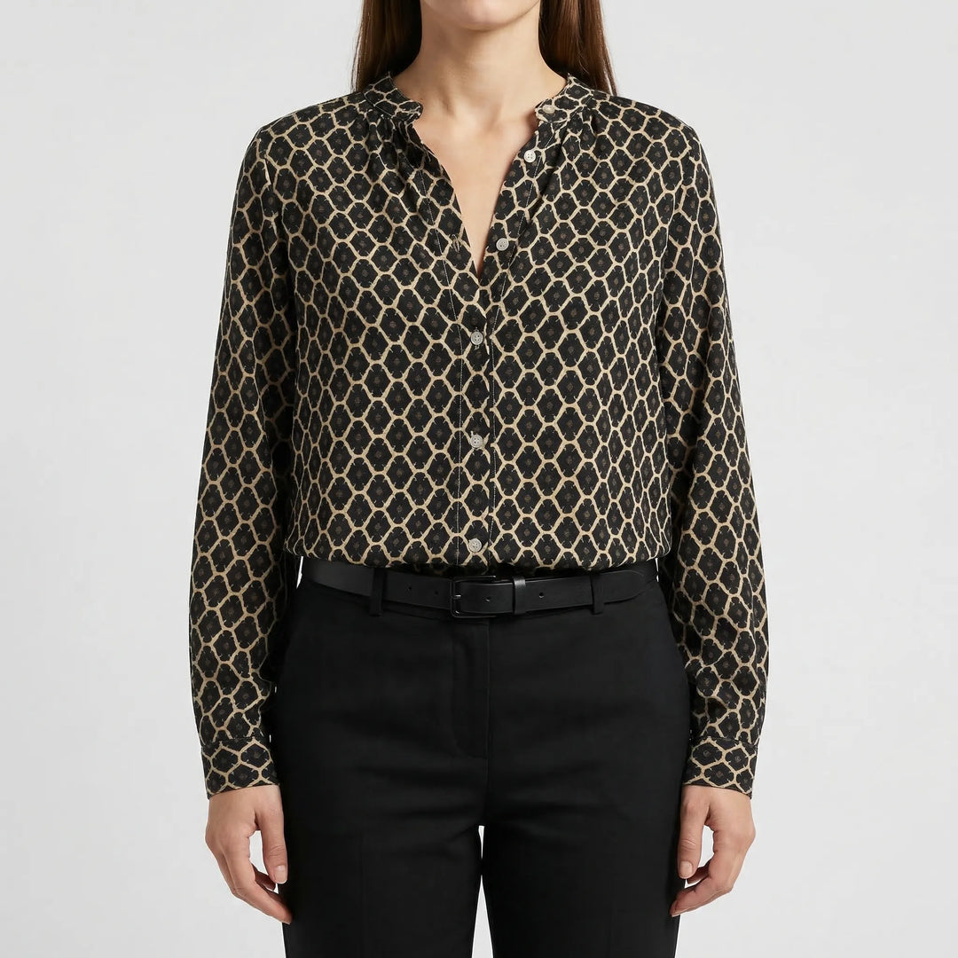 Velvara - Long Sleeve V-Neck Printed Blouse