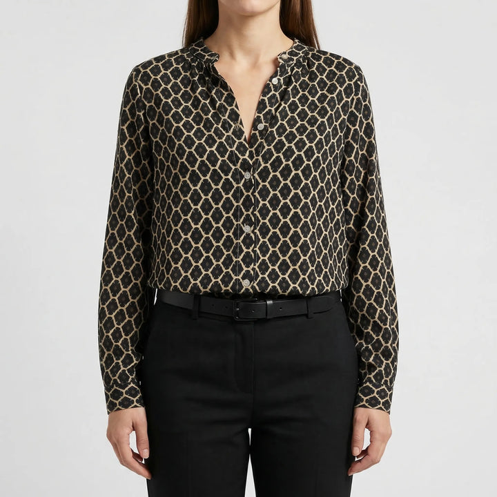 Velvara - Long Sleeve V-Neck Printed Blouse